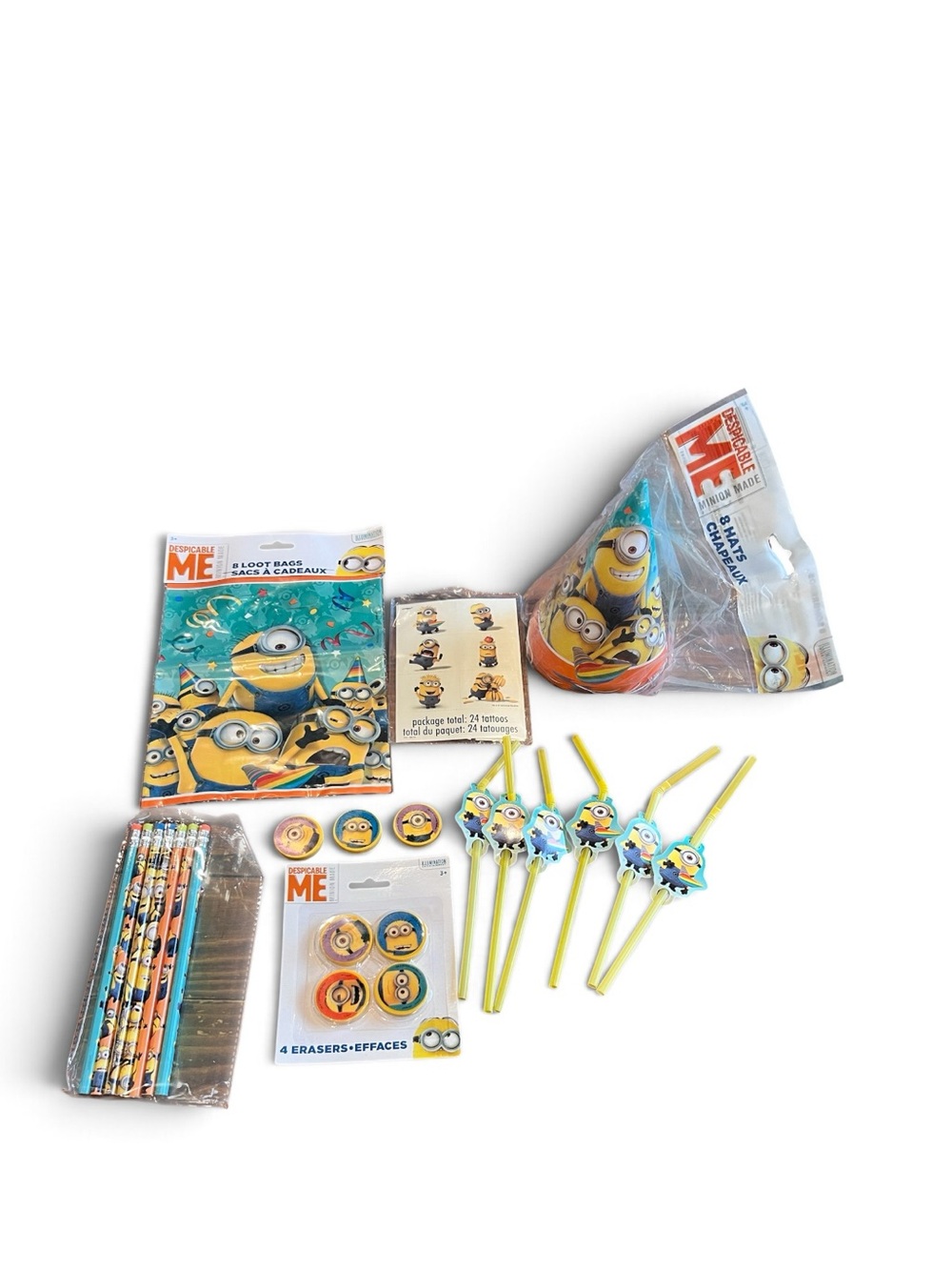 Despicable Me Minions Birthday Party Favor Lot – Hats, Loot Bags, Tattoos,Eraser